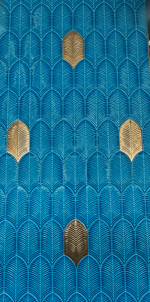 Blue and gold palm leaf wall at Samoon